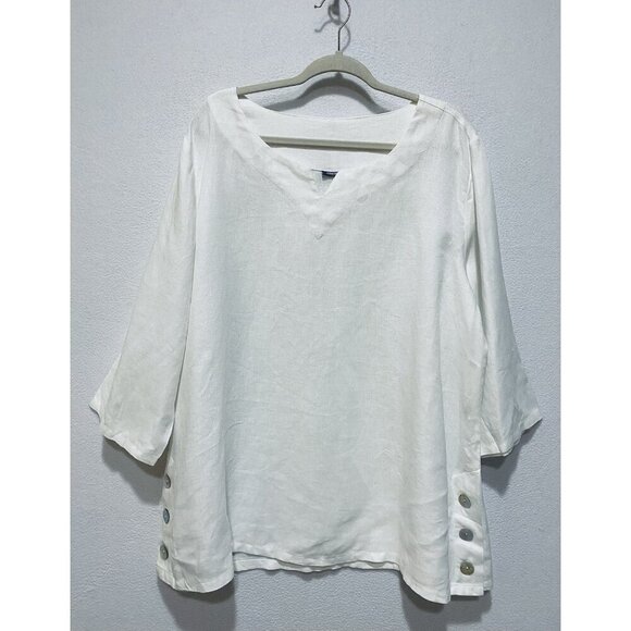 Amelline Tops - Amelline Top Womens XL White Linen Tunic Side Buttons Minimalist Lagenlook Boho